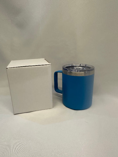 Blue cylindrical mug with a silver top on a white background