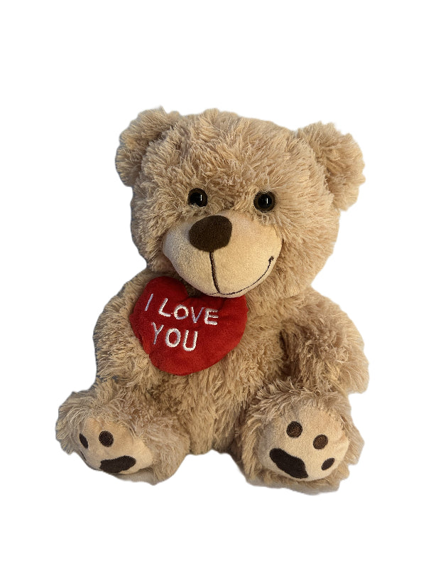 Plush teddy bear with a red heart saying 'I Love You' on a white background