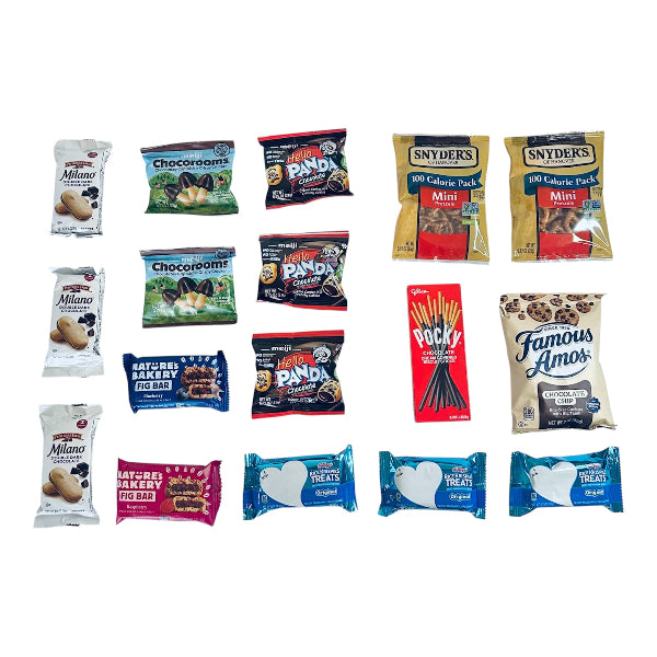 Assorted snack packs including Milano, Chocorems, and various other brands on a white background