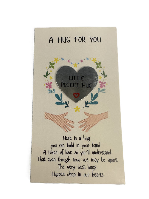 Decorative card with heart and hands design, text 'A Hug For You' and 'Little Pocket Hug'.