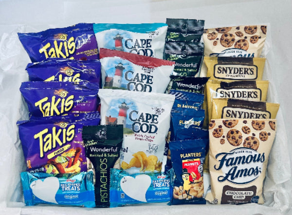 Assorted snack packets including Takis, Cape Cod, Snyder's, and Famous Amos on a white background