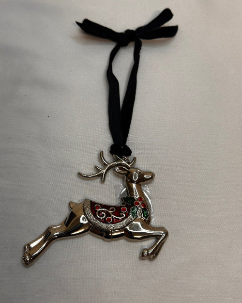 Decorative Christmas 3D Reindeer Ornament charm with black ribbon on a light gray background