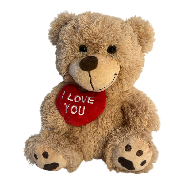 Plush teddy bear with a red heart saying 'I LOVE YOU' on a white background