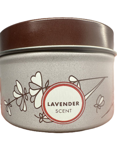 Candle tin with lavender scent label on a white background