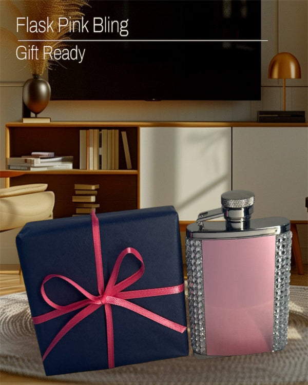 Pink flask with decorative bow on a table in a room setting