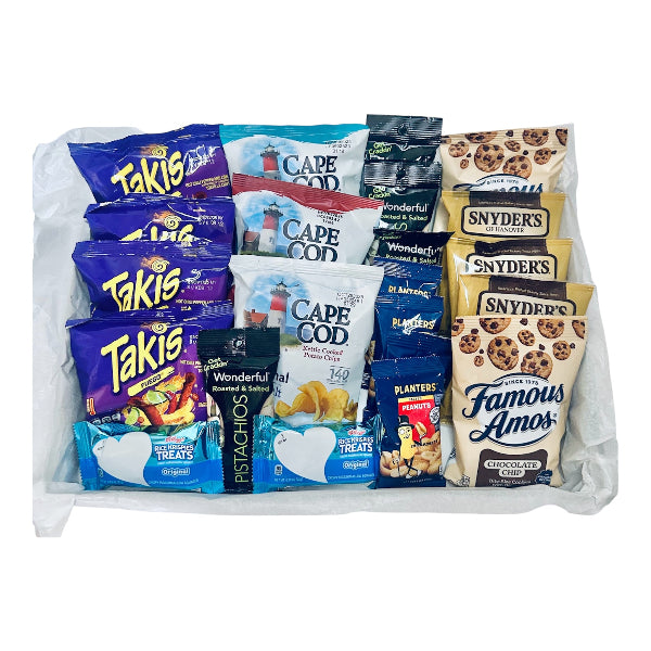Assorted snack packages including Takis, Cape Cod, and Snyder's in a white basket.