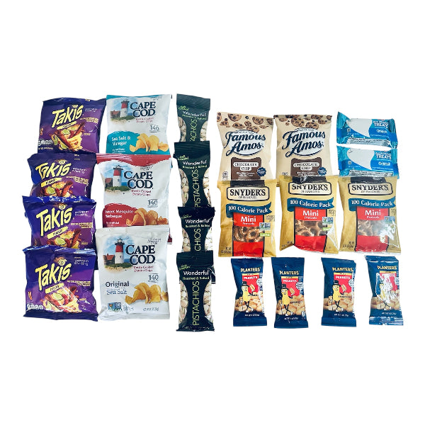 Assorted snack packs from various brands on a white background
