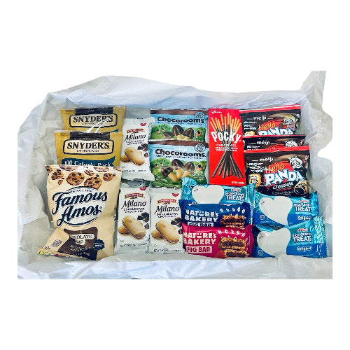 Assorted snack packs including Snyder's, Milano, Chocorooms, and others on a white background
