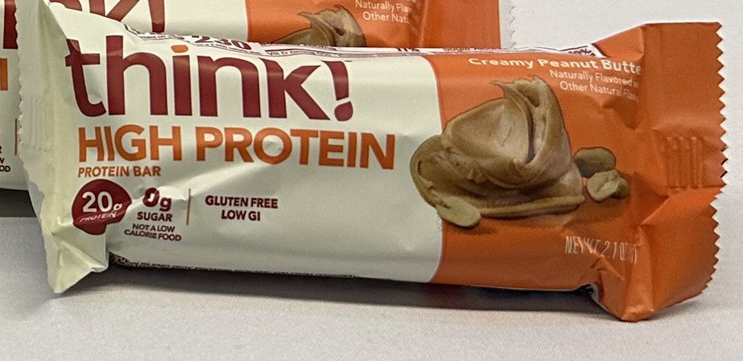 think! High Protein Peanut Butter protein bar on a white background