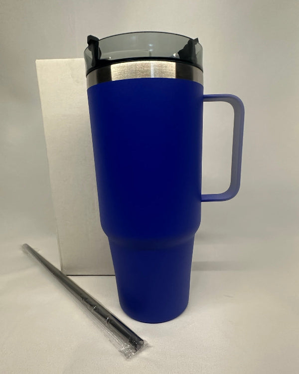 Blue travel mug with handle and straw on a white background