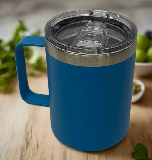 Blue insulated mug with handle on a wooden surface