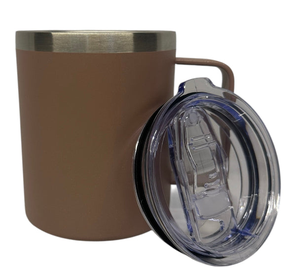 Rose Pink insulated mug with clear lid on a white background