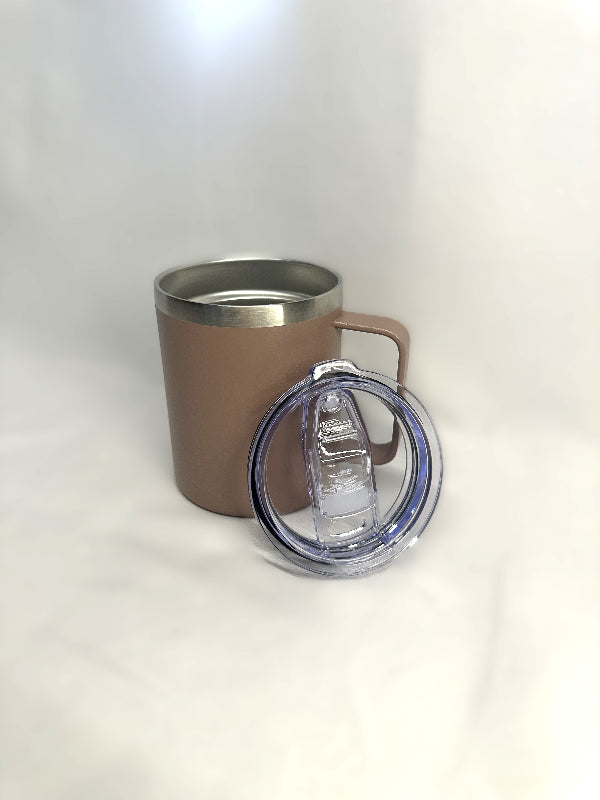 Rose Pink insulated mug with clear lid on a white background