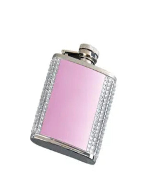 Pink flask with silver rim and decorative border on a white background