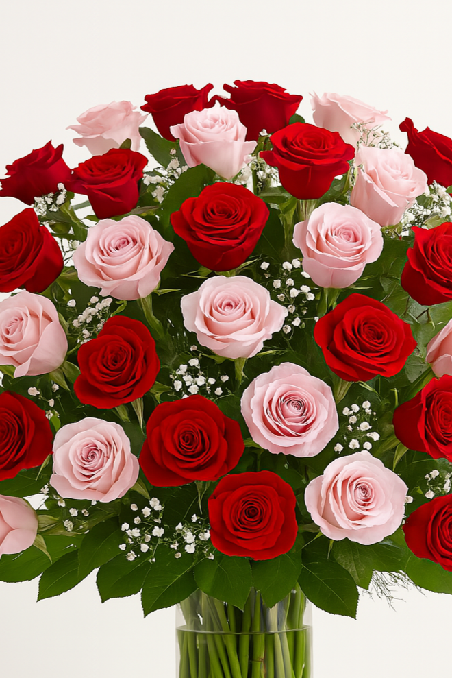 Bouquet of red and pink roses in a clear vase on a white background. Ready for flower delivery