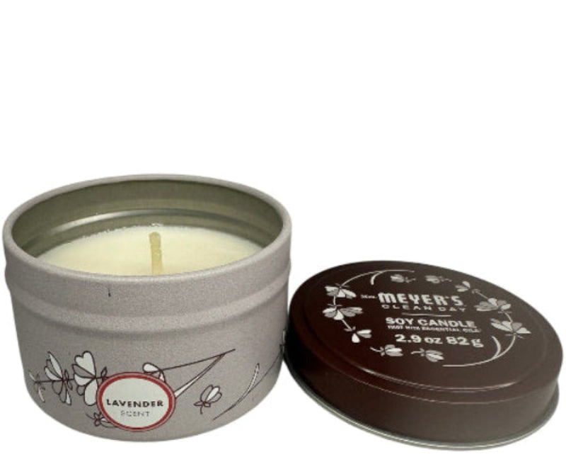 Meyer's Clean Day lavender candle in a tin with lid on a white background