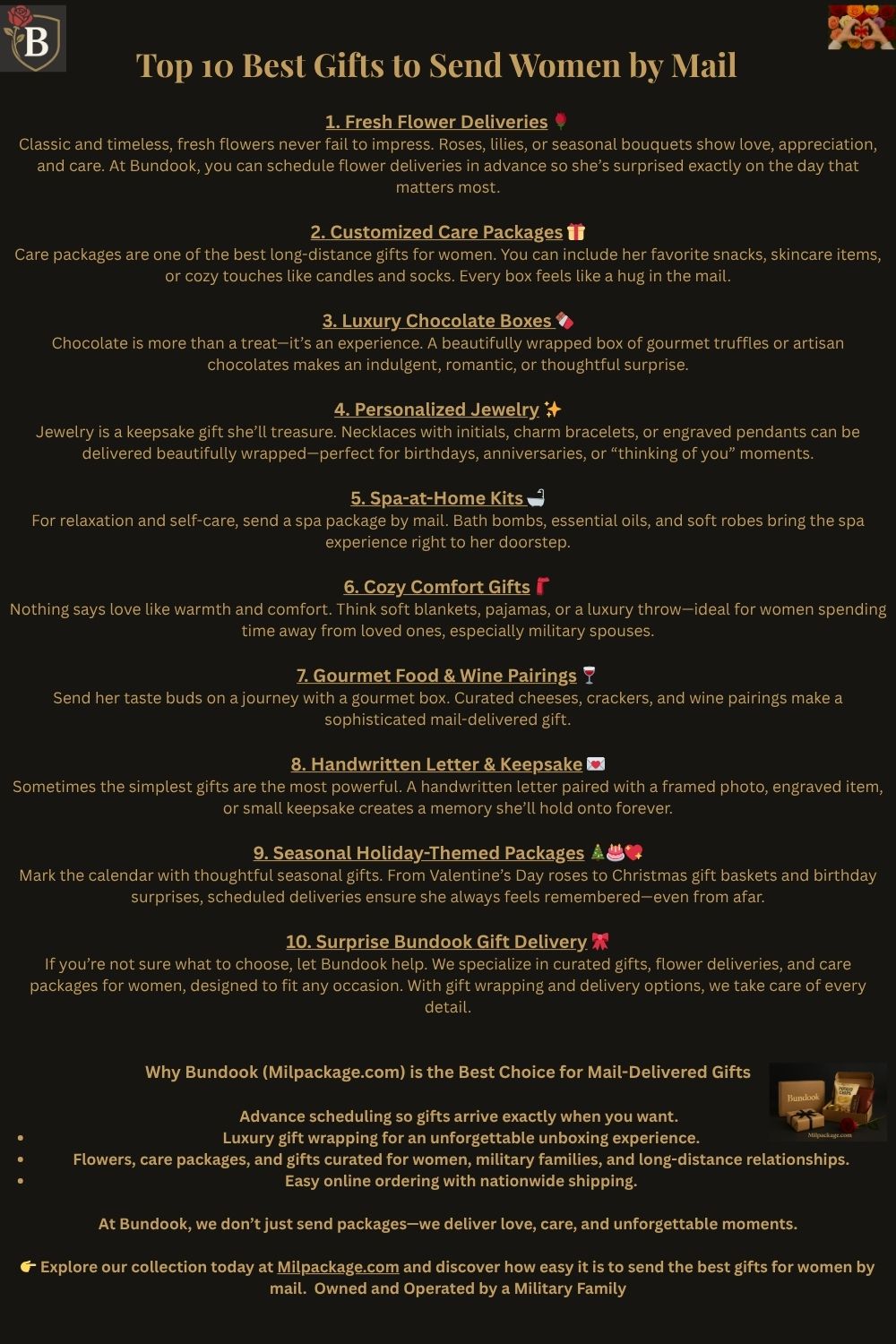 “Infographic listing top 10 meaningful gifts to send women by mail, featuring roses and gift icons on a black background.”