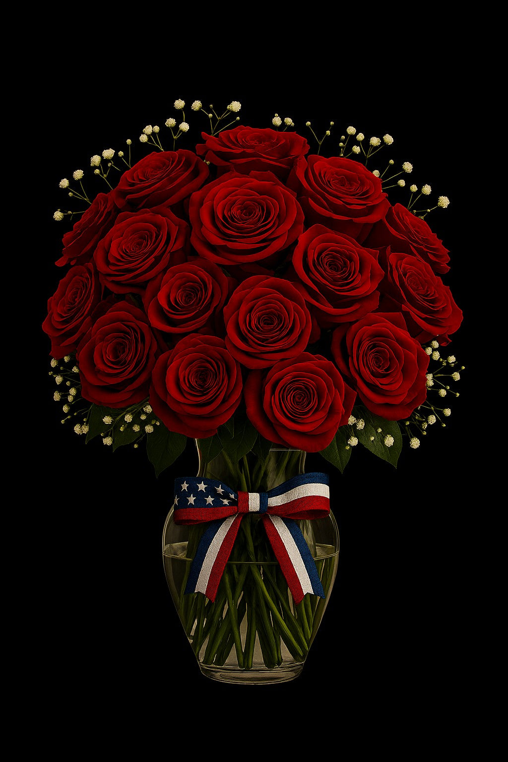 “Elegant bouquet of red roses in a clear glass vase, accented with white baby's breath and wrapped in a patriotic ribbon featuring red, white, and blue stripes with stars. Set against a black background, symbolizing tribute gifting with American pride.”