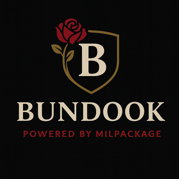Bundook logo featuring a shield with a rose and the letter B, with the tagline “Powered by Milpackage”