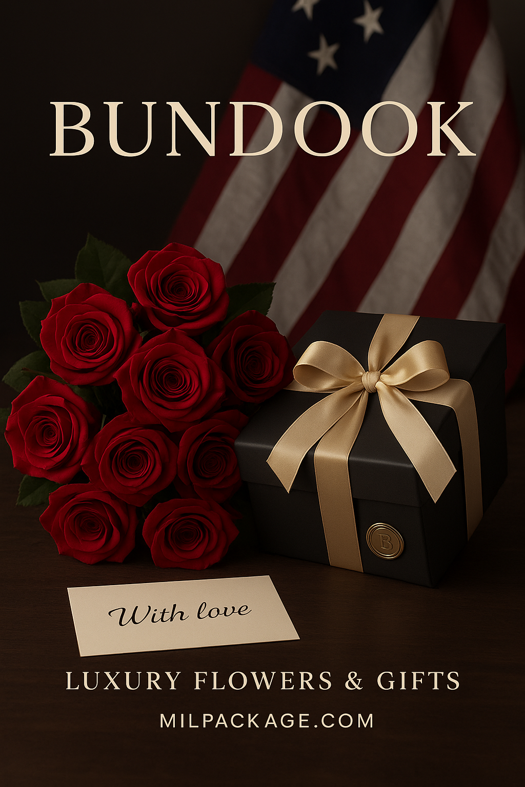 Fron page of Bundook Store.  Bouquet of red roses and gift box with gold ribbon in front of an American flag, featuring the brand 'Bundook' and domain name as milpackage.com