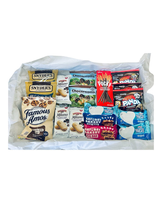 Assorted snack packs including Famous Amos, Milano, and Pocky in a white bag on a white background