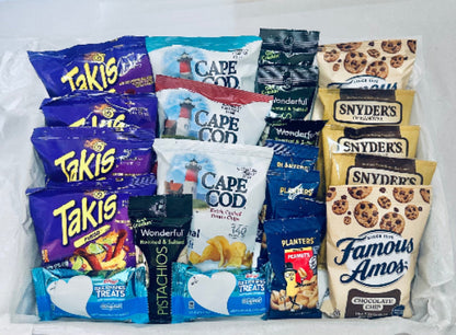 Assorted snack packets including Takis, Cape Cod, Snyder's, and Famous Amos on a white background