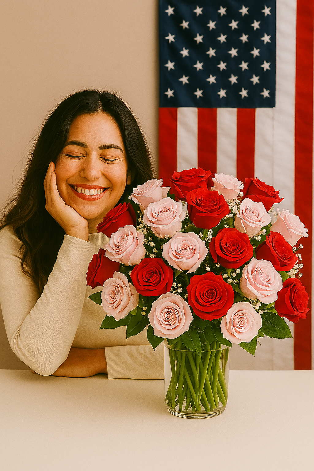 Spanish American woman smiling beside a bouquet of red and pink roses with baby's breath in a clear glass vase. Patriotic background with softly lit American flag adds emotional warmth and cultural pride. Perfect floral gift for military families, romantic occasions, or heritage celebrations.