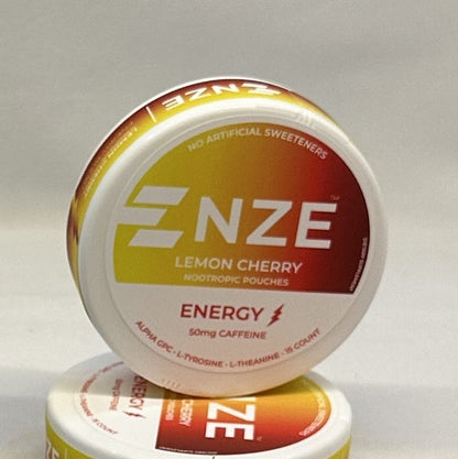 Two containers of ENZE Lemon Cherry nootropic pouches on a white background