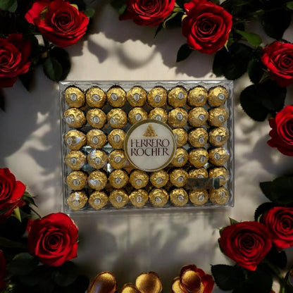 Box of Ferrero Rocher chocolates surrounded by red roses on a light background