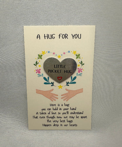 Card with 'A Hug for You' text and illustrations on a gray background