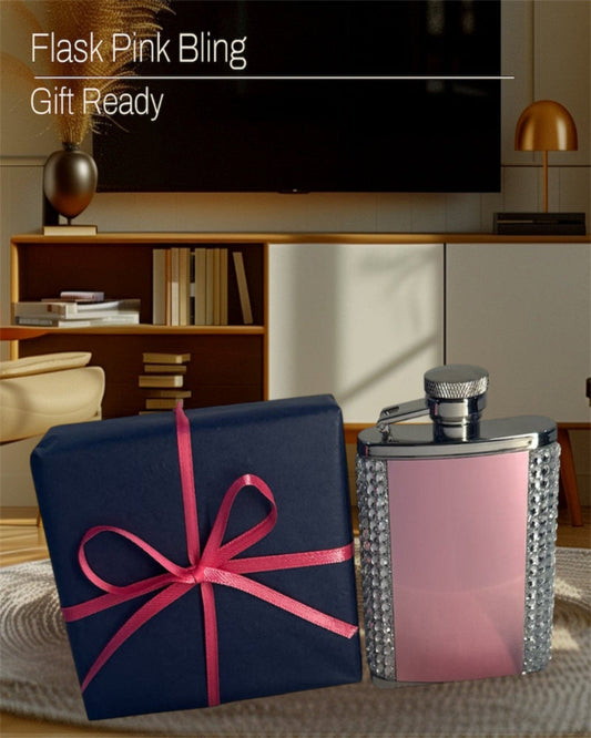 Pink flask with decorative bow on a table in a room setting