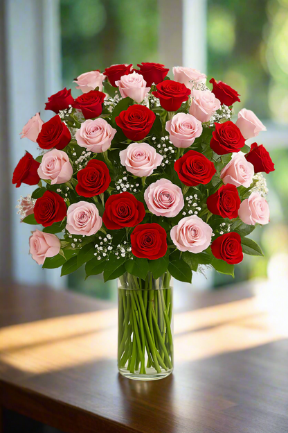 A large bouquet of red and light pink roses arranged in a clear glass vase, accented with white baby's breath and green foliage. The vibrant red roses contrast softly with the pastel pink blooms, creating a full, symmetrical display on a light surface against a neutral background." Military Luxurious Gift for Delivery