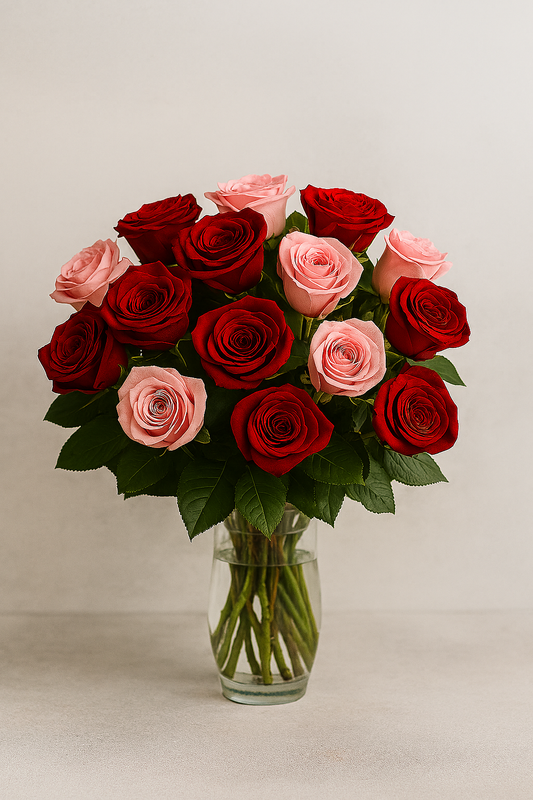 “Red and pink roses arranged in a clear glass vase, placed on a neutral beige surface with a soft off-white background. The bouquet includes fifteen fresh roses—eight red and seven pink—with lush green leaves, styled for emotional gifting and elegant presentation.”