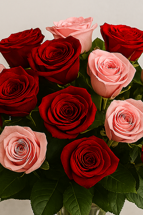 “Red and pink roses arranged in a clear glass vase, placed on a neutral beige surface with a soft off-white background. The bouquet includes fifteen fresh roses—with lush green leaves, styled for emotional gifting and elegant presentation.”