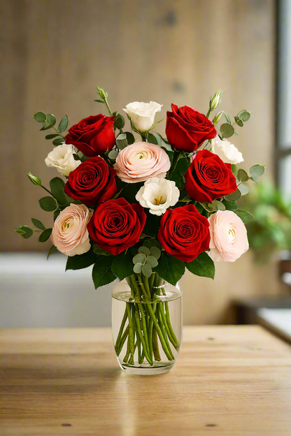 Romantic Harmony Bouquet – Red, Pink & White Roses - 1 dozen