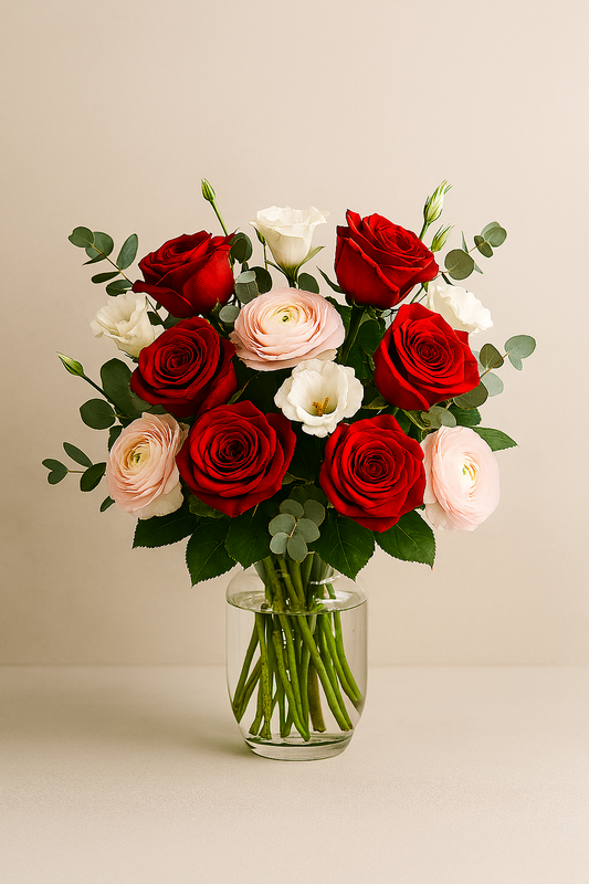 Bouquet of red, white, and pink roses in a clear vase on a beige background. Military gifts for family.  