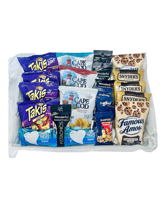 Assorted snack bags including Takis, Cape Cod, and Snyder's on a white background