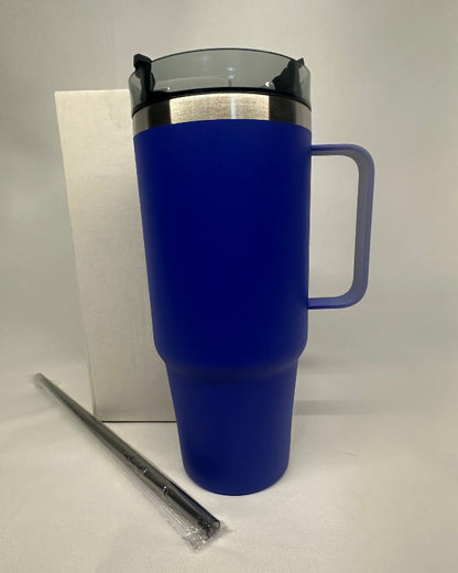 Blue travel mug with handle and straw on a white background