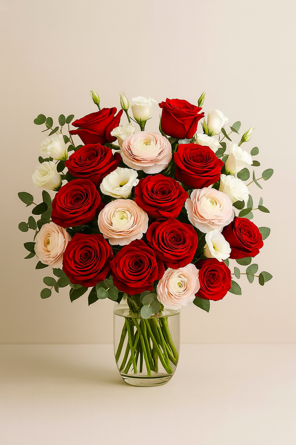 Romantic Harmony Bouquet – Red, Pink & White Roses - 2 dozen