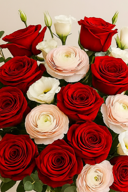 Romantic Harmony Bouquet – Red, Pink & White Roses - 2 dozen