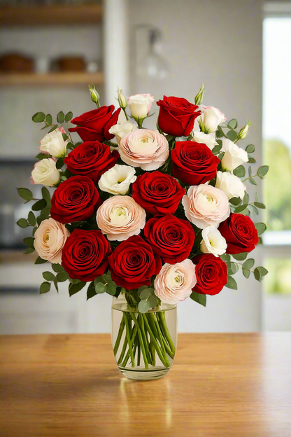 Romantic Harmony Bouquet – Red, Pink & White Roses - 2 dozen