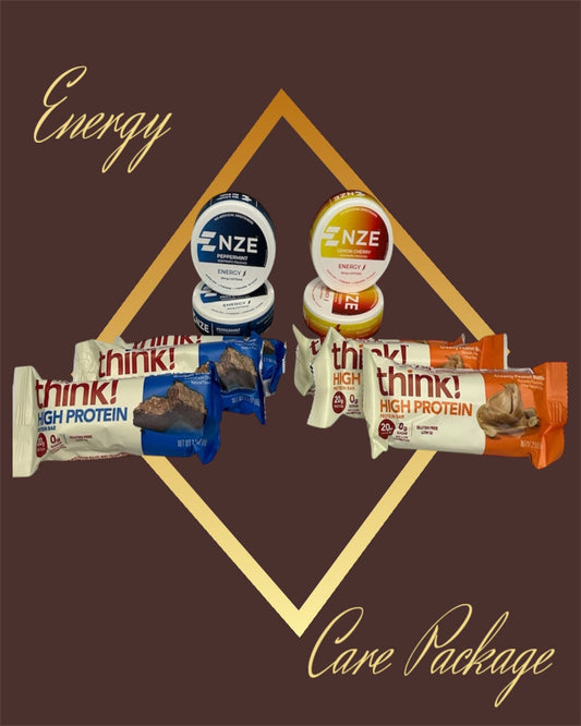 Collection of think! high protein bars and other products on a brown background with 'Energy Care Package' text.