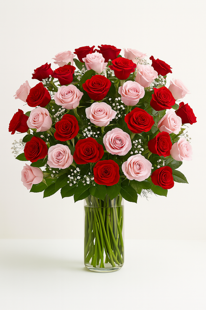 "A large bouquet of red and soft pink roses arranged in a clear glass vase, accented with white baby's breath and green foliage. The roses are evenly distributed and densely packed, creating a lush, symmetrical display on a white surface against a neutral background."
