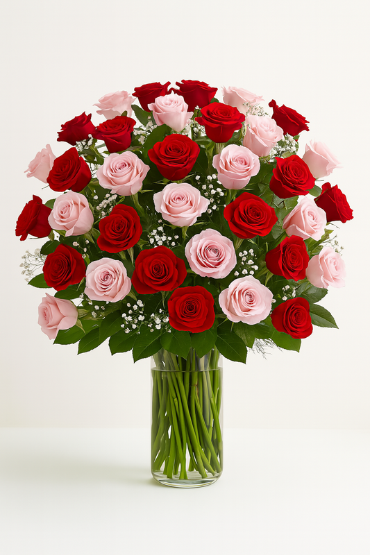 "A large bouquet of red and soft pink roses arranged in a clear glass vase, accented with white baby's breath and green foliage. The roses are evenly distributed and densely packed, creating a lush, symmetrical display on a white surface against a neutral background."
