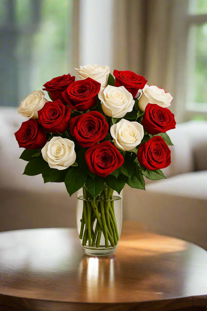 Red and white fresh rose bouquet in clear vase for flower delivery