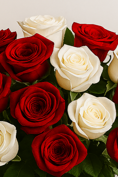 Bouquet of red and white roses in a clear vase on a light background.  Perfect for patriotic gifts, anniversaries, deployment flowers and home coming roses.