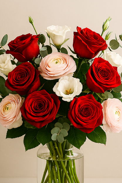 Luxury red, white, pink roses.  Elegant flower arrangement for delivery to a special someone.