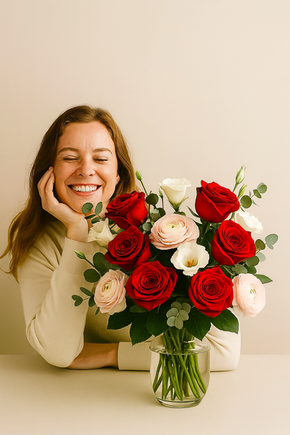 Woman holding a bouquet of red and pink roses with a neutral background